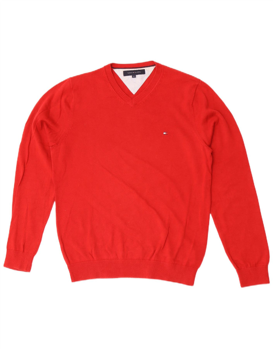 Tommy Hilfiger Herren-Pullover mit V-Ausschnitt, Größe S, rote Baumwolle