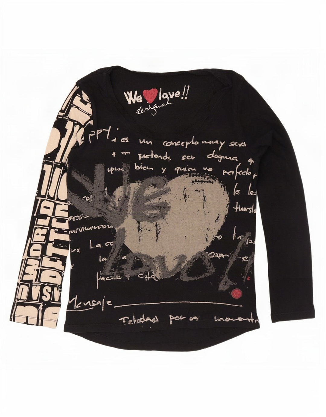 Desigual Womens Graphic Top Langarm UK 12 Mittelschwarze Baumwolle