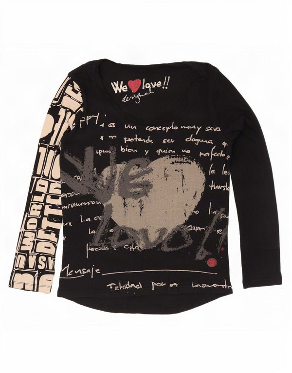 Desigual Womens Graphic Top Langarm UK 12 Mittelschwarze Baumwolle
