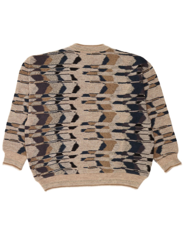 Gio Ferrari Herren-Pullover mit Rundhalsausschnitt, XL, beige, geometrische Merinowolle