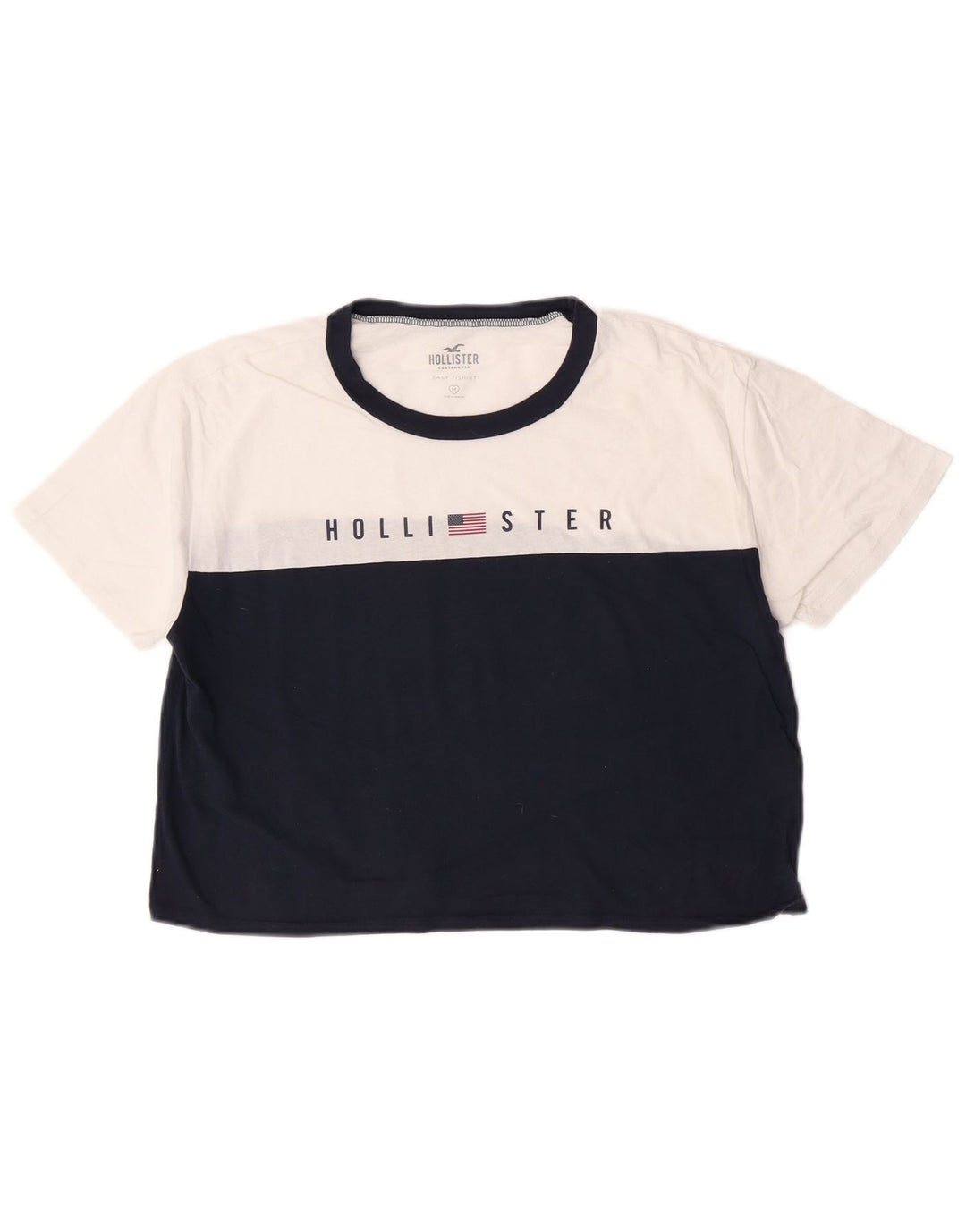 Hollister Crop Graphic T-Shirt-Oberteil für Damen in mittlerem Marineblau und Farbblockdesign