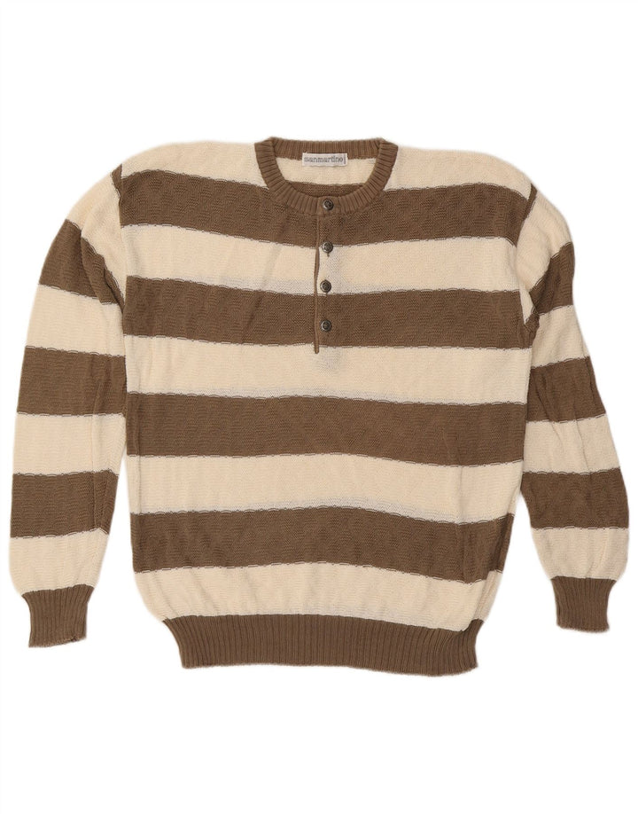 Vintage Damen-Pullover mit Knopfkragen, IT 50, mittelbraun, gestreift, Baumwolle