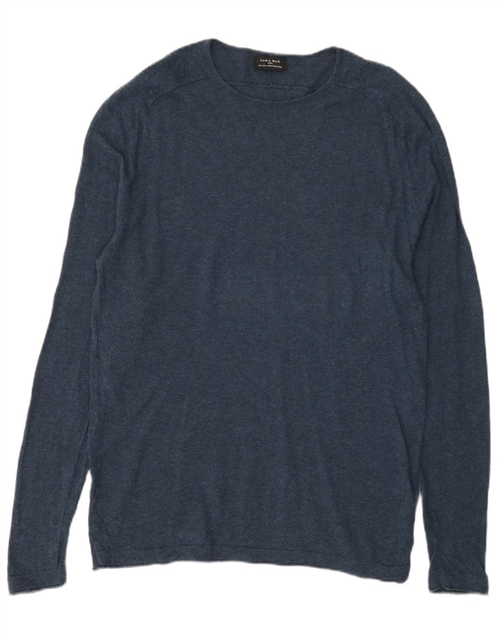 Zara Herren-Pullover mit U-Boot-Ausschnitt, groß, marineblaue Baumwolle