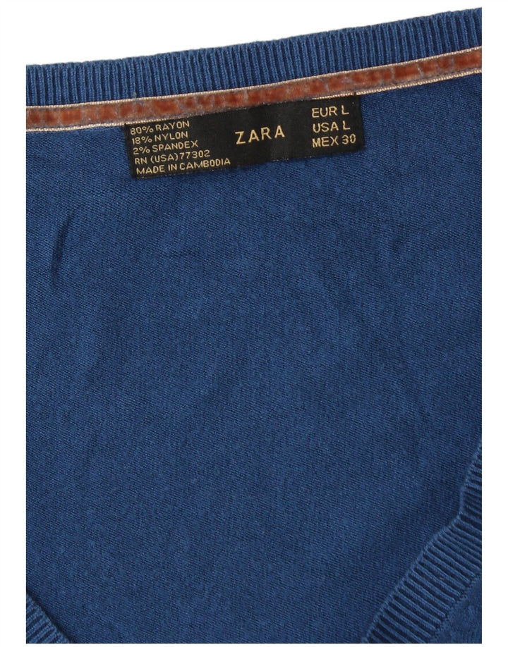 Zara Damen-Pullover mit V-Ausschnitt, UK 16, Größe L, blau, Viskose