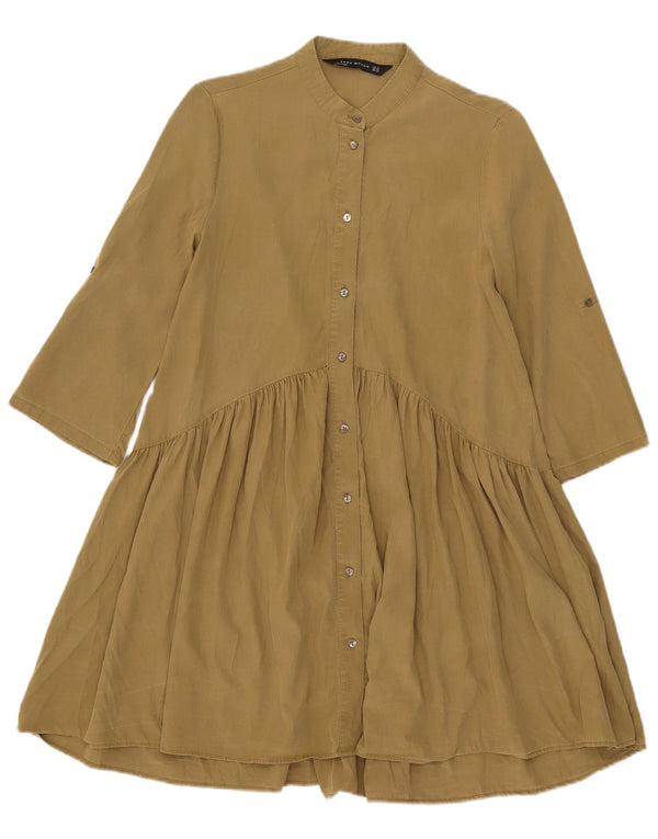 Zara Womens 3/4 Sleeve Shirt Dress UK 6 XS Khaki Lyocell