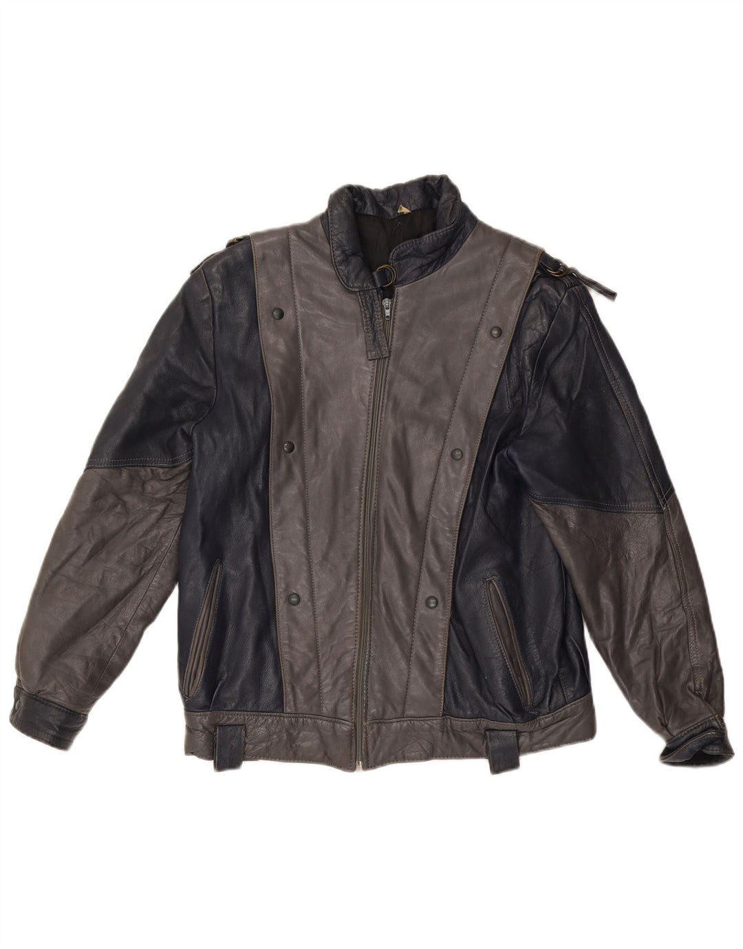 VINTAGE Damen Lederjacke UK 14 Mittelgrauer Farbblock