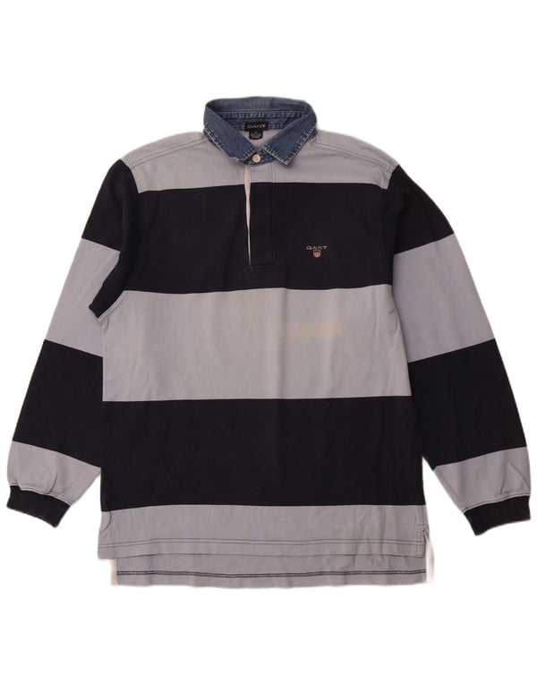 GANT Herren-Langarm-Rugby-Poloshirt aus mittelblauer, gestreifter Baumwolle