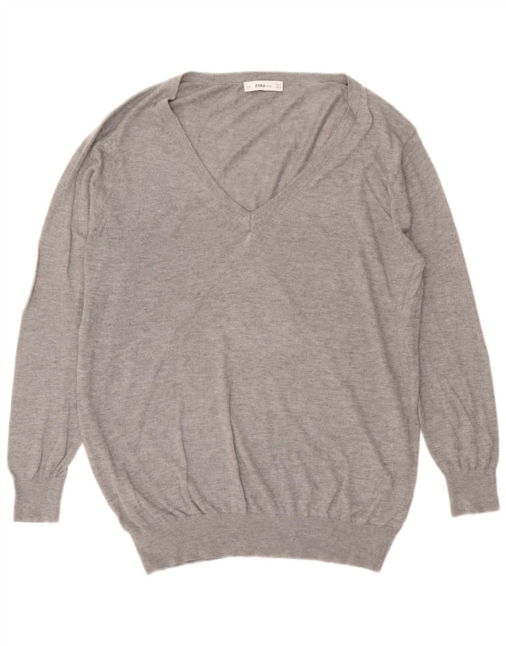 Übergroßer Pullover mit V-Ausschnitt von Zara für Damen, Gr. 14, Mittelgrau