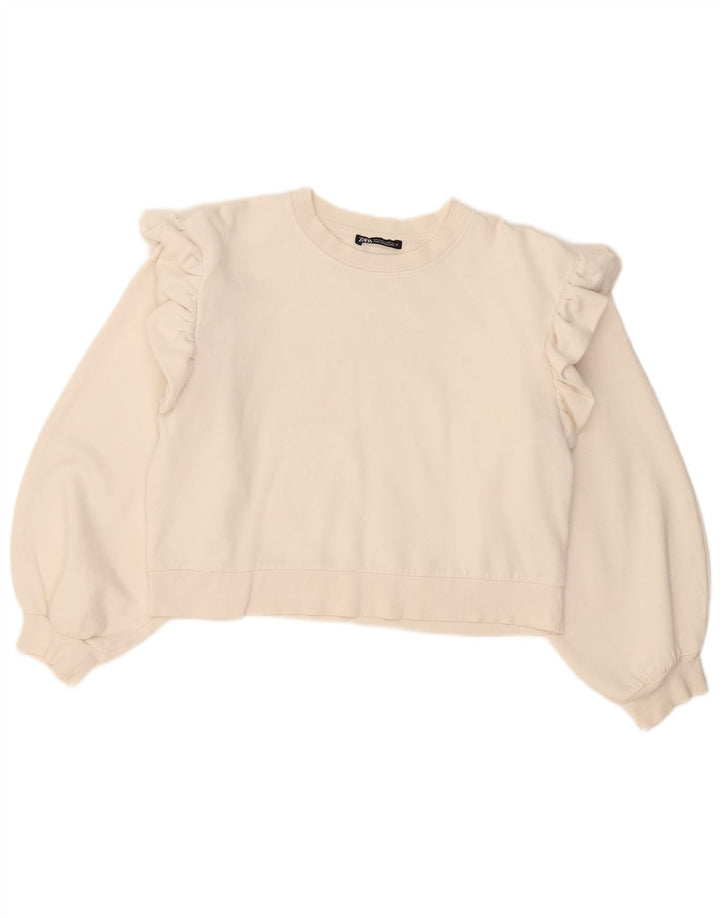 Zara Damen Crop Oversized Sweatshirt Pullover UK 10 Small Weiße Baumwolle