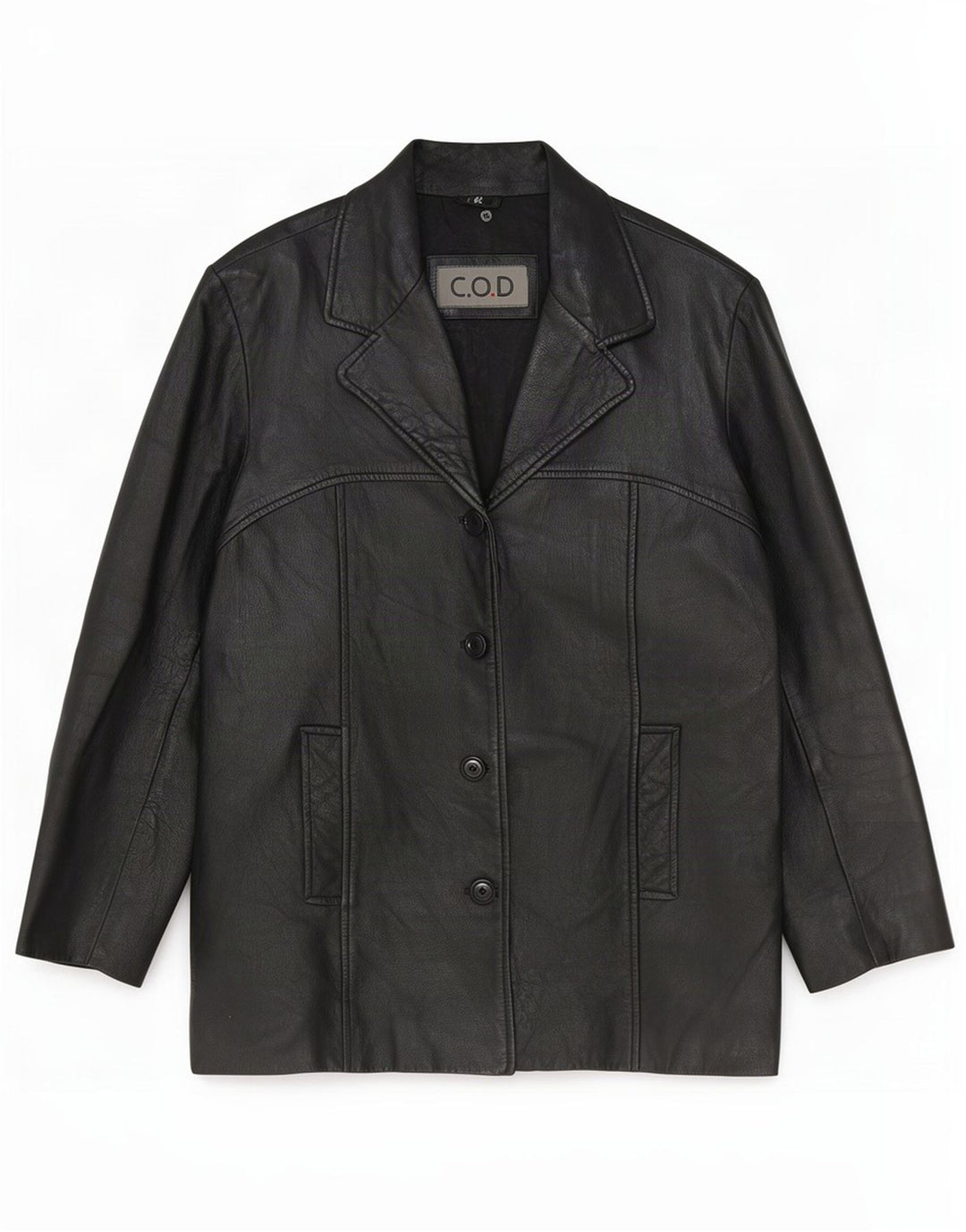 Vintage Damen 4 Knopf Leder Blazer Jacke EU 42 Groß Schwarz