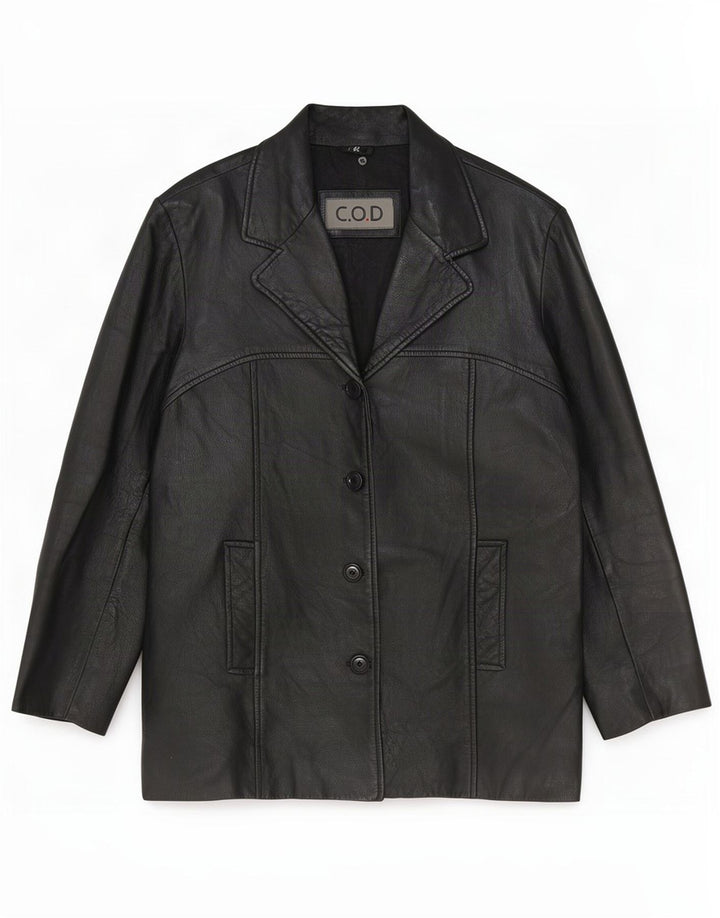 Vintage Damen 4 Knopf Leder Blazer Jacke EU 42 Groß Schwarz