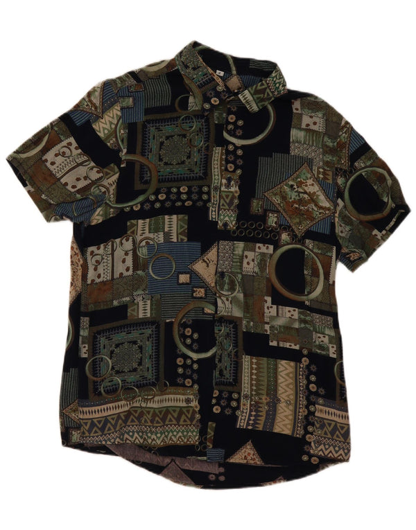 VINTAGE Herren Kurzarmhemd Medium Schwarz Patchwork Viskose