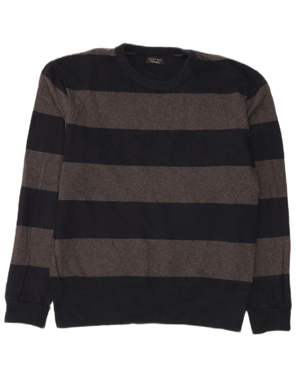 Zara Herren-Pullover mit Rundhalsausschnitt, XL, marineblau, gestreift, Baumwolle