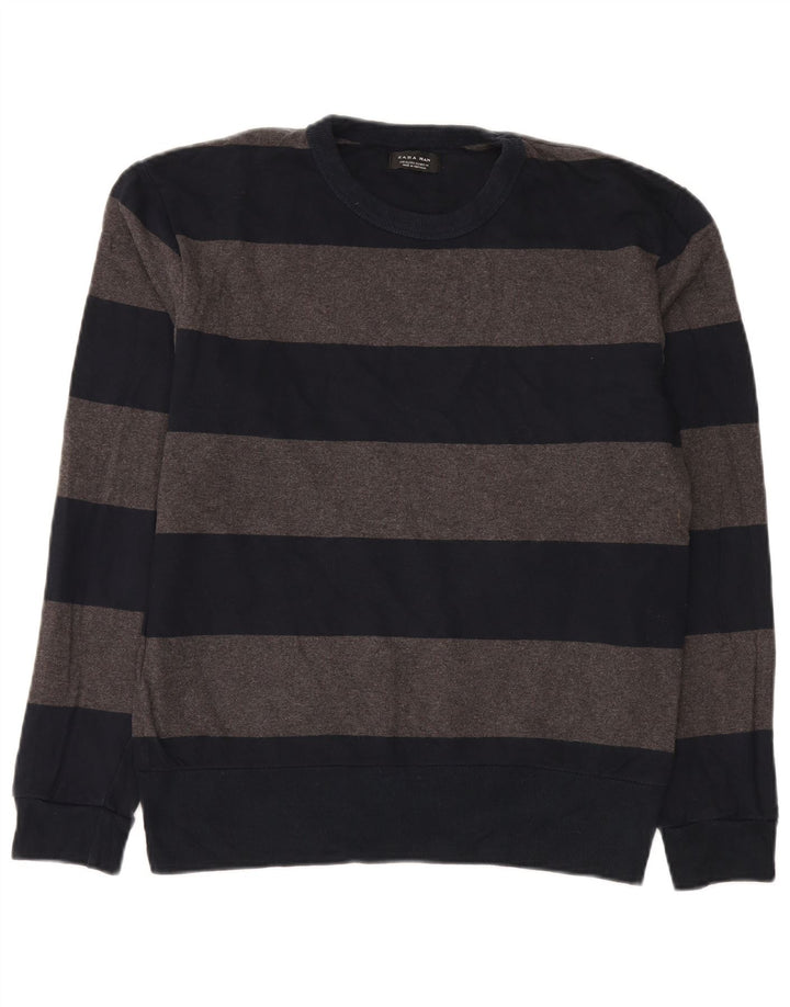 Zara Herren-Pullover mit Rundhalsausschnitt, XL, marineblau, gestreift, Baumwolle