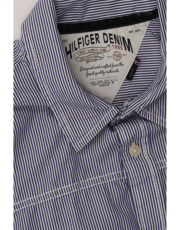 TOMMY HILFIGER Mens Graphic Shirt Medium Navy Blue Pinstripe Cotton Vintage Tommy Hilfiger and Second-Hand Tommy Hilfiger from Messina Hembry 