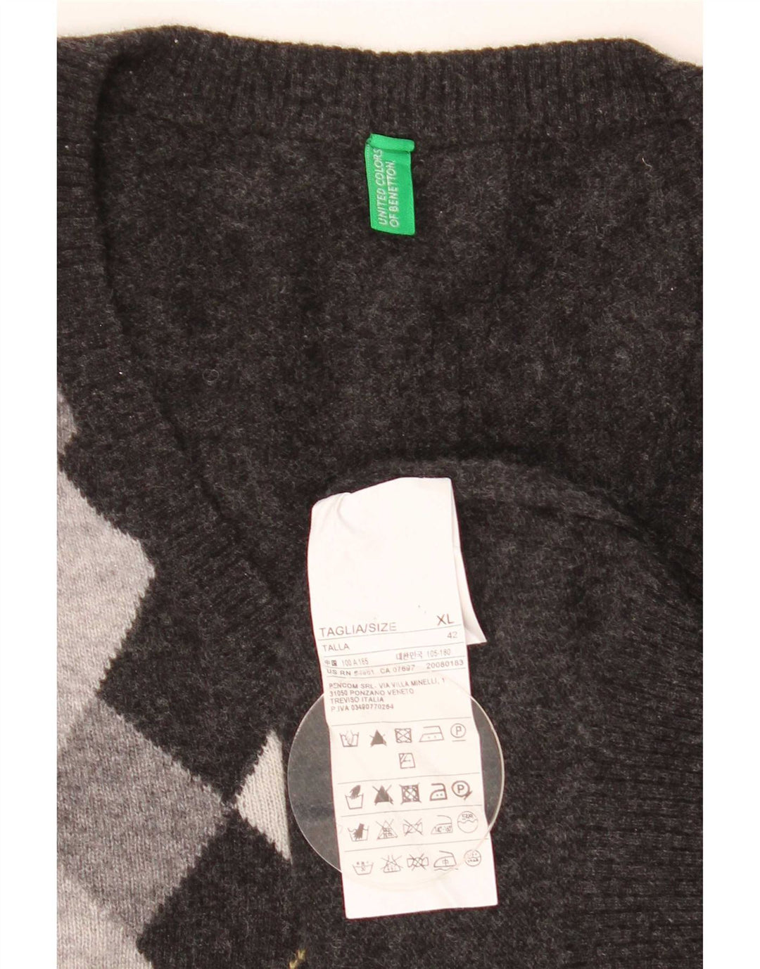 Benetton Herren-Pullover mit V-Ausschnitt, XL, graue Argyle-/Diamantwolle