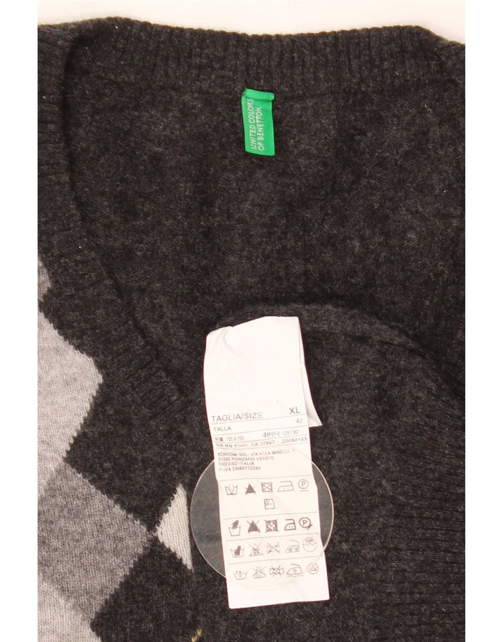 Benetton Herren-Pullover mit V-Ausschnitt, XL, graue Argyle-/Diamantwolle