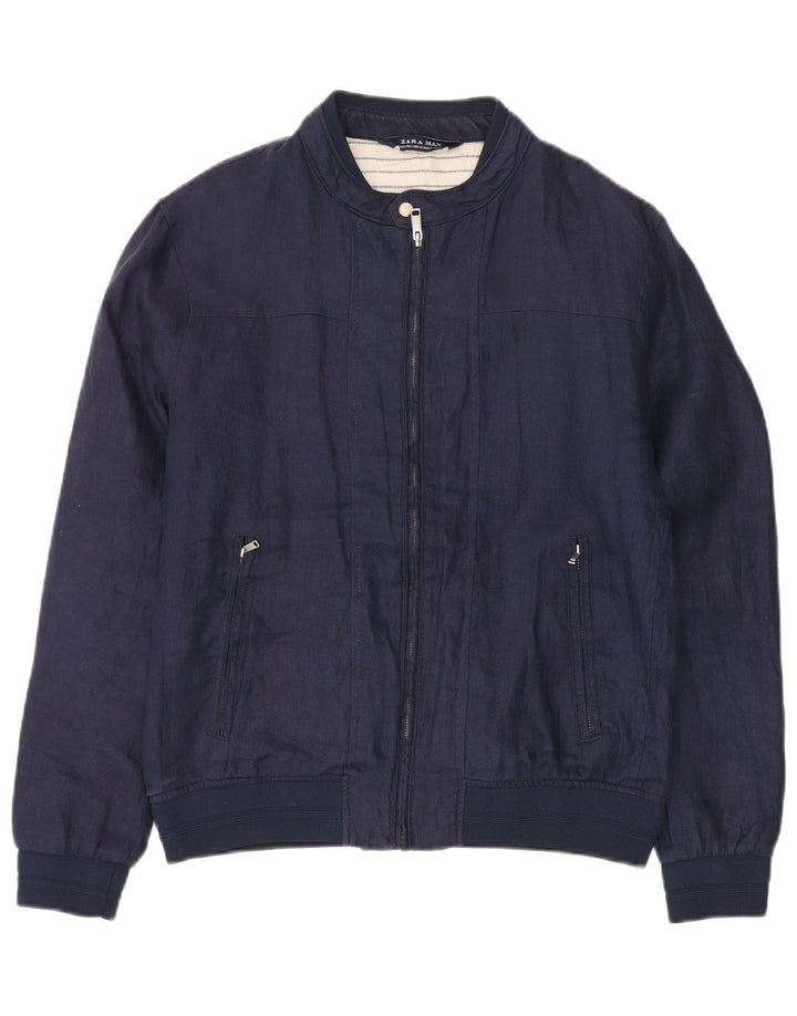 Zara Herren Bomberjacke UK 40 Large Marineblaues Leinen
