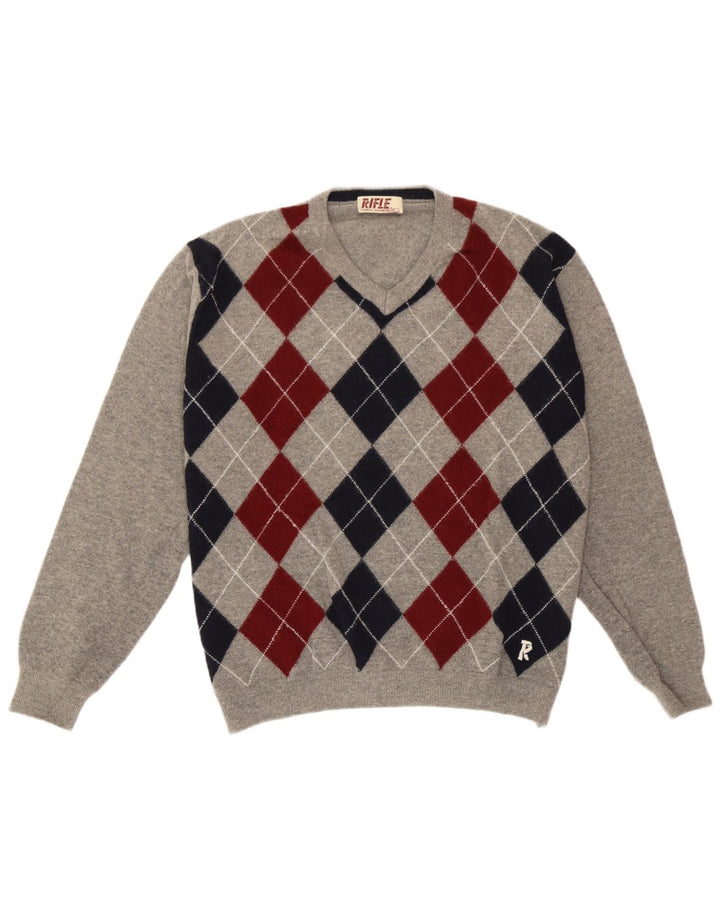Rifle Herren-Pullover mit V-Ausschnitt, groß, graue Argyle-/Diamantwolle