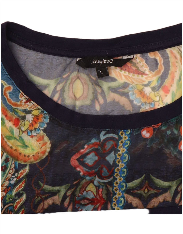 Desigual Damen T-Shirt Top UK 16 Large Marineblau mit Blumenmuster