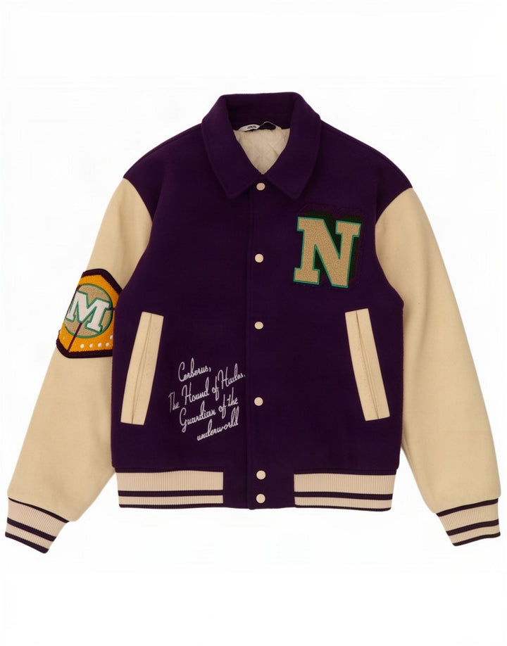 Zara Graphic Varsity-Jacke für Herren, UK 38, mittelviolettes Farbblock-Polyester