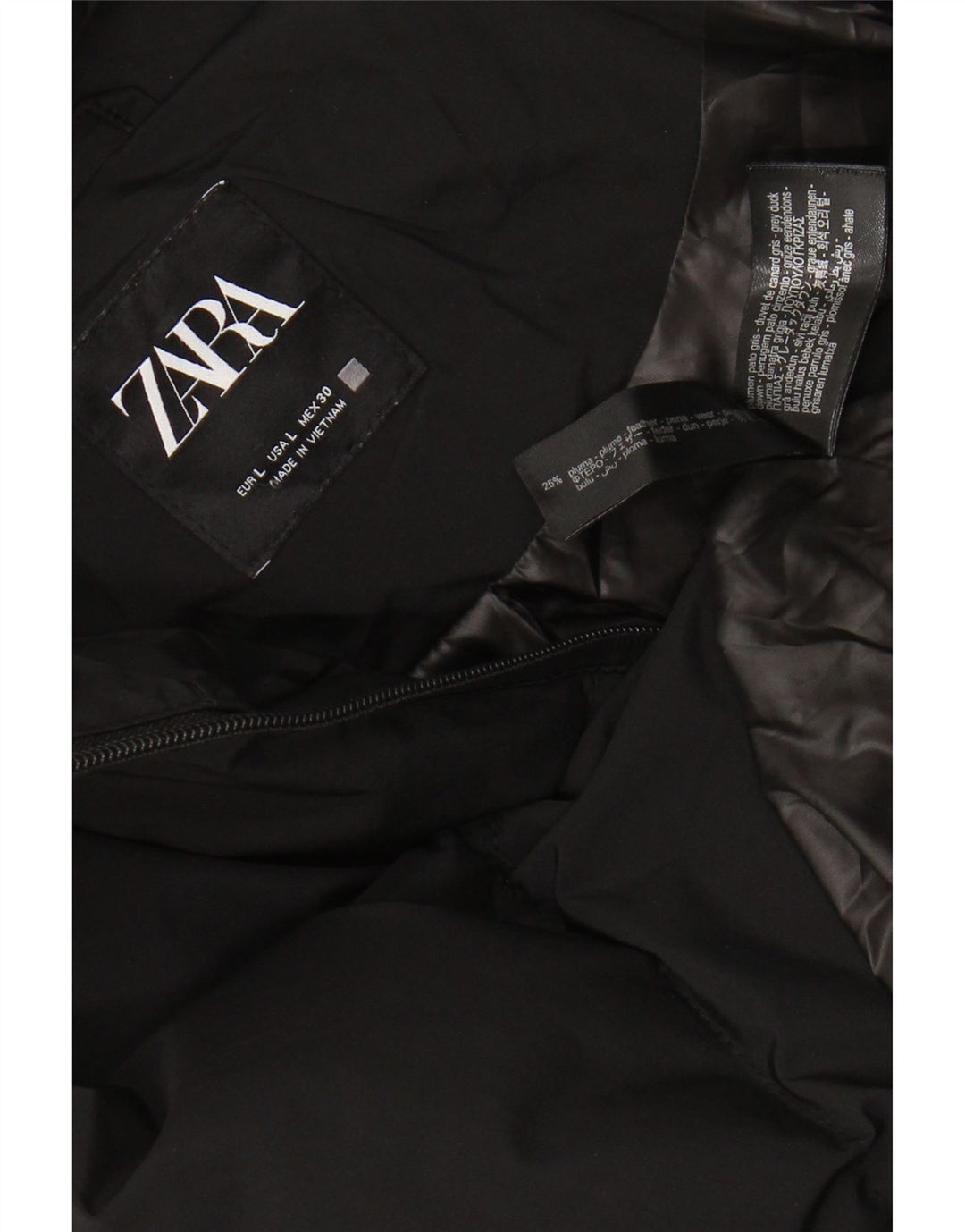 ZARA Wattierter Damenmantel mit Kapuze, UK 16, Größe L, Schwarz, Polyester