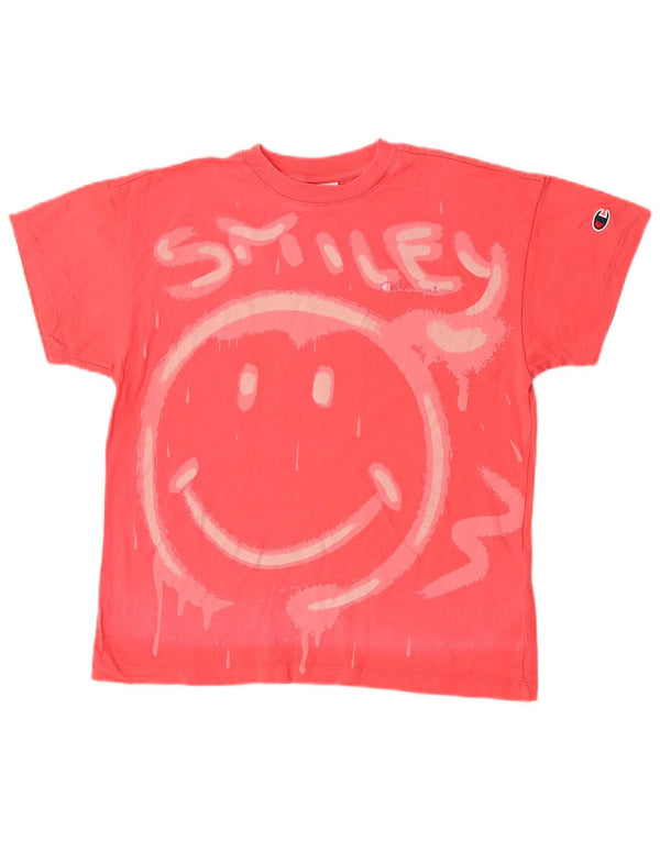 Champion Womens Smiley Oversized Graphic T-Shirt Top UK 6 XS Rosa Baumwolle