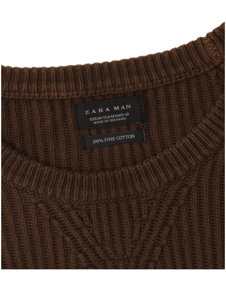 ZARA Herren-Pullover mit U-Boot-Ausschnitt, mittelbraune Baumwolle