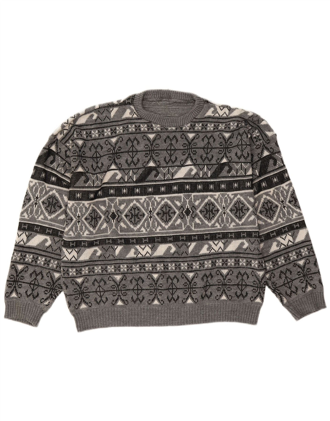 Vintage Herren Pullover mit Rundhalsausschnitt, groß, Grau, Fair Isle