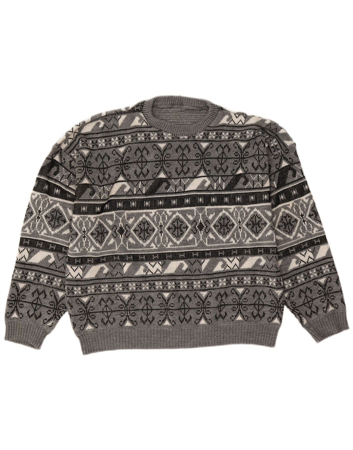 Vintage Herren Pullover mit Rundhalsausschnitt, groß, Grau, Fair Isle