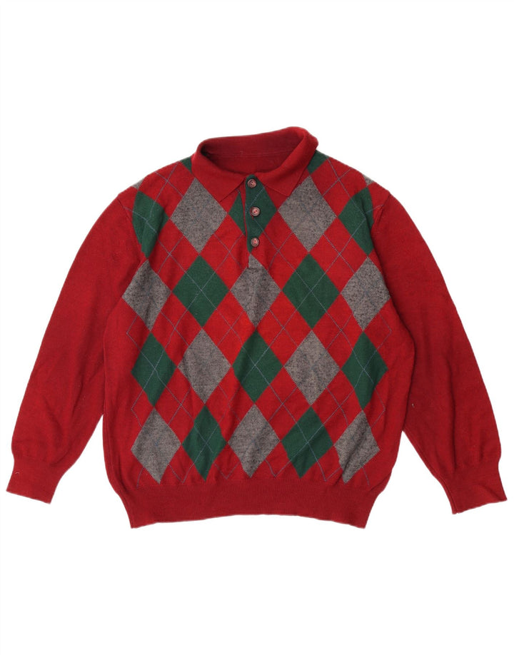 VINTAGE Herren-Pullover mit Rollkragen, groß, rot, Argyle/Diamant