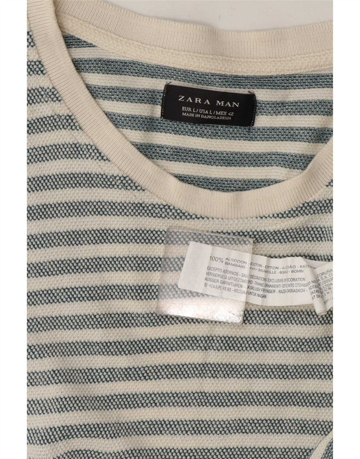 Zara Herren-T-Shirt-Oberteil, groß, grau gestreift, Baumwolle