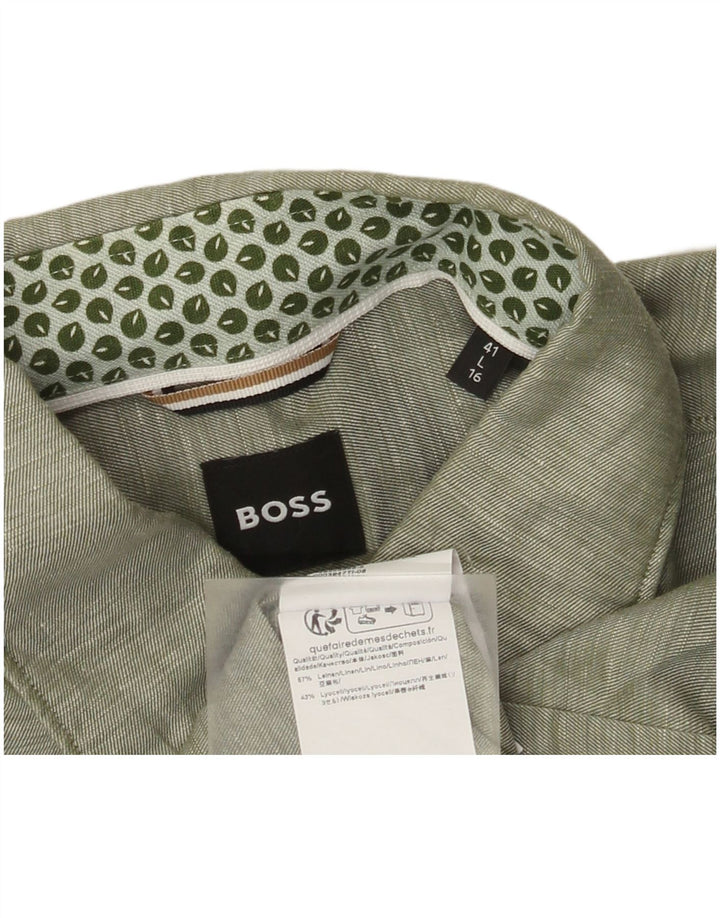 Hugo Boss Herrenhemd Größe 41 Großes grünes Leinen