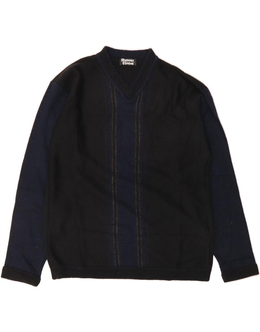 VINTAGE Mens V-Neck Jumper Sweater Medium Black Colourblock Wool Vintage Vintage and Second-Hand Vintage from Messina Hembry 