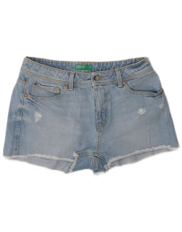 Benetton Damen Distressed Denim Shorts W31 Mittelblaue Baumwolle