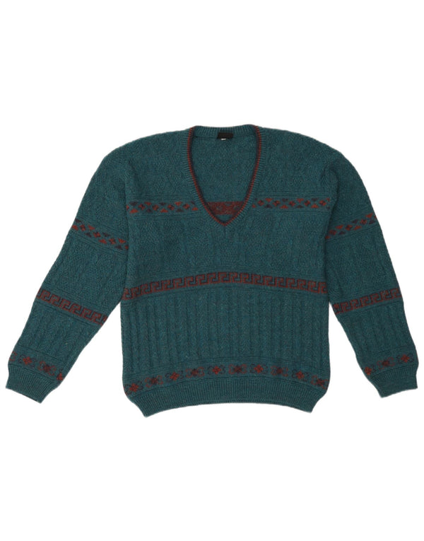 Vintage Herren Pullover mit V-Ausschnitt IT 46 Kleines grünes geometrisches Acryl
