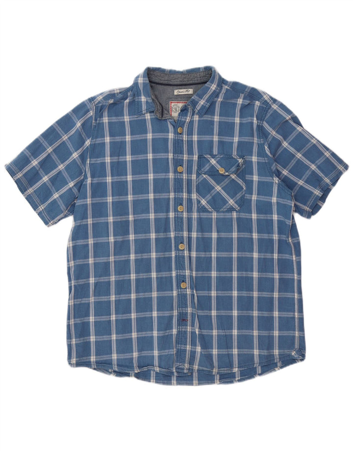 FAT FACE Herren-Kurzarmhemd mit klassischer Passform, groß, blau kariert