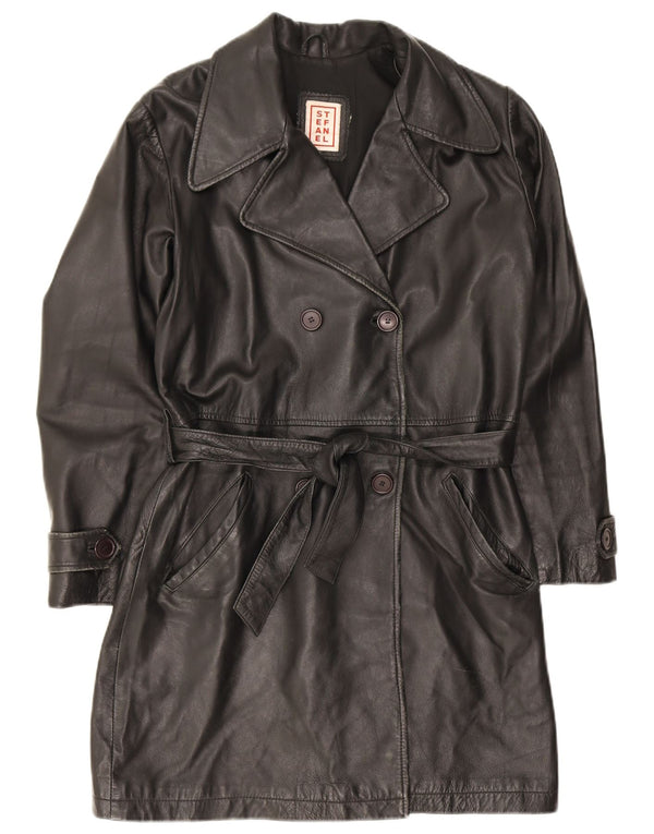 Stefanel Damen Zweireihiger Ledermantel UK 14 Mittelschwarzes Leder