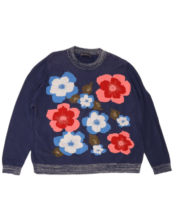 Marks & Spencer Damen-Pullover mit Rundhalsausschnitt, UK 22 3XL, blaues Blumenmuster