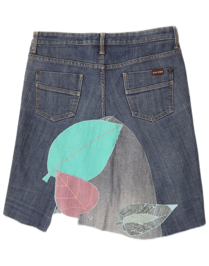 Mango Damen Asymmetrischer grafischer Jeansrock EU 40 Medium W30 Blaue Baumwolle