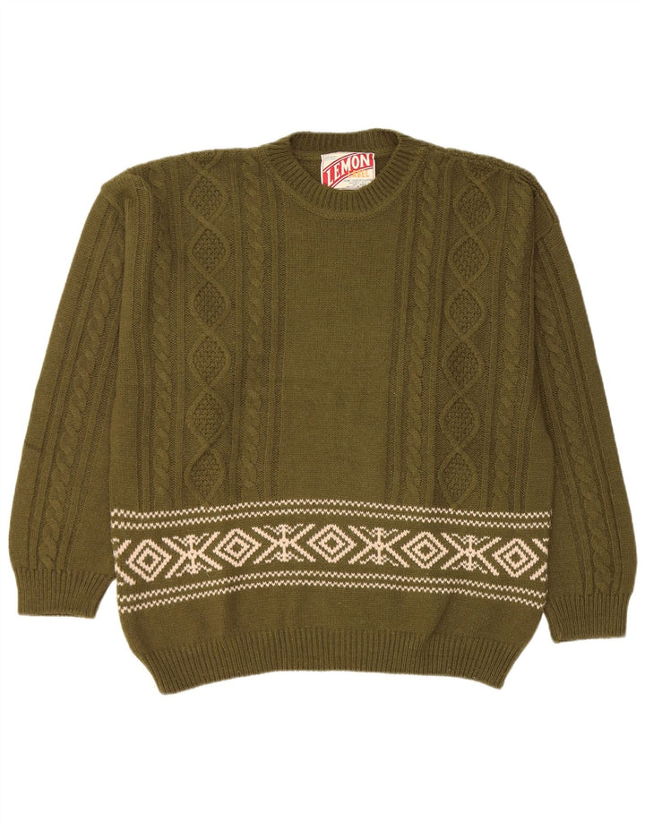 Lemon Herren-Pullover mit Rundhalsausschnitt, XL, Khaki, Fair-Isle-Wolle