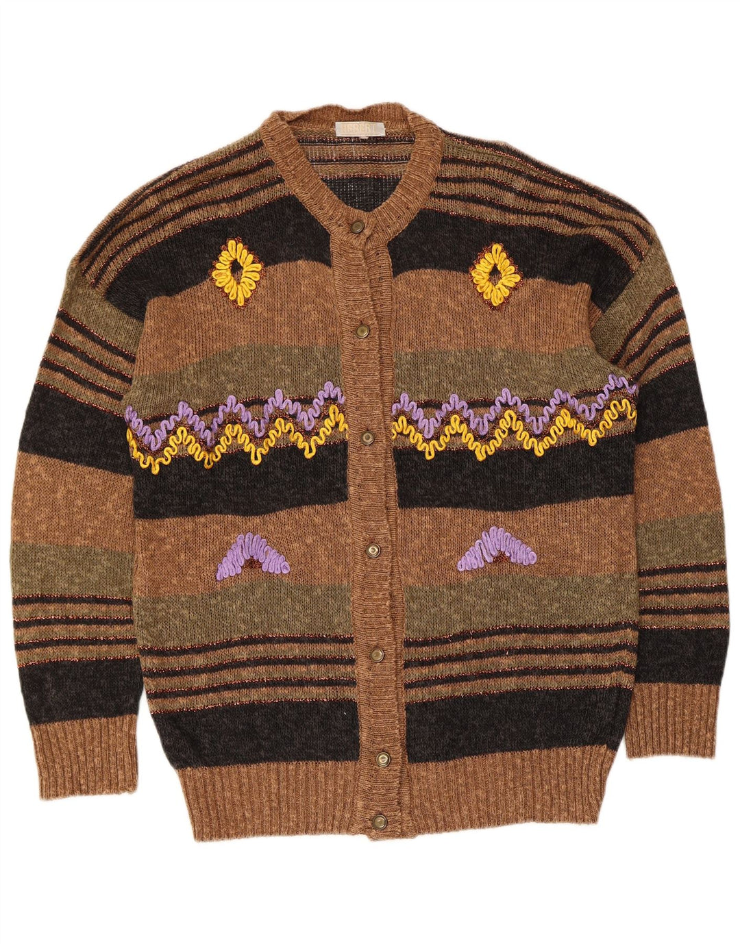 Vintage Damen Cardigan Pullover Großes braun gestreiftes Leinen