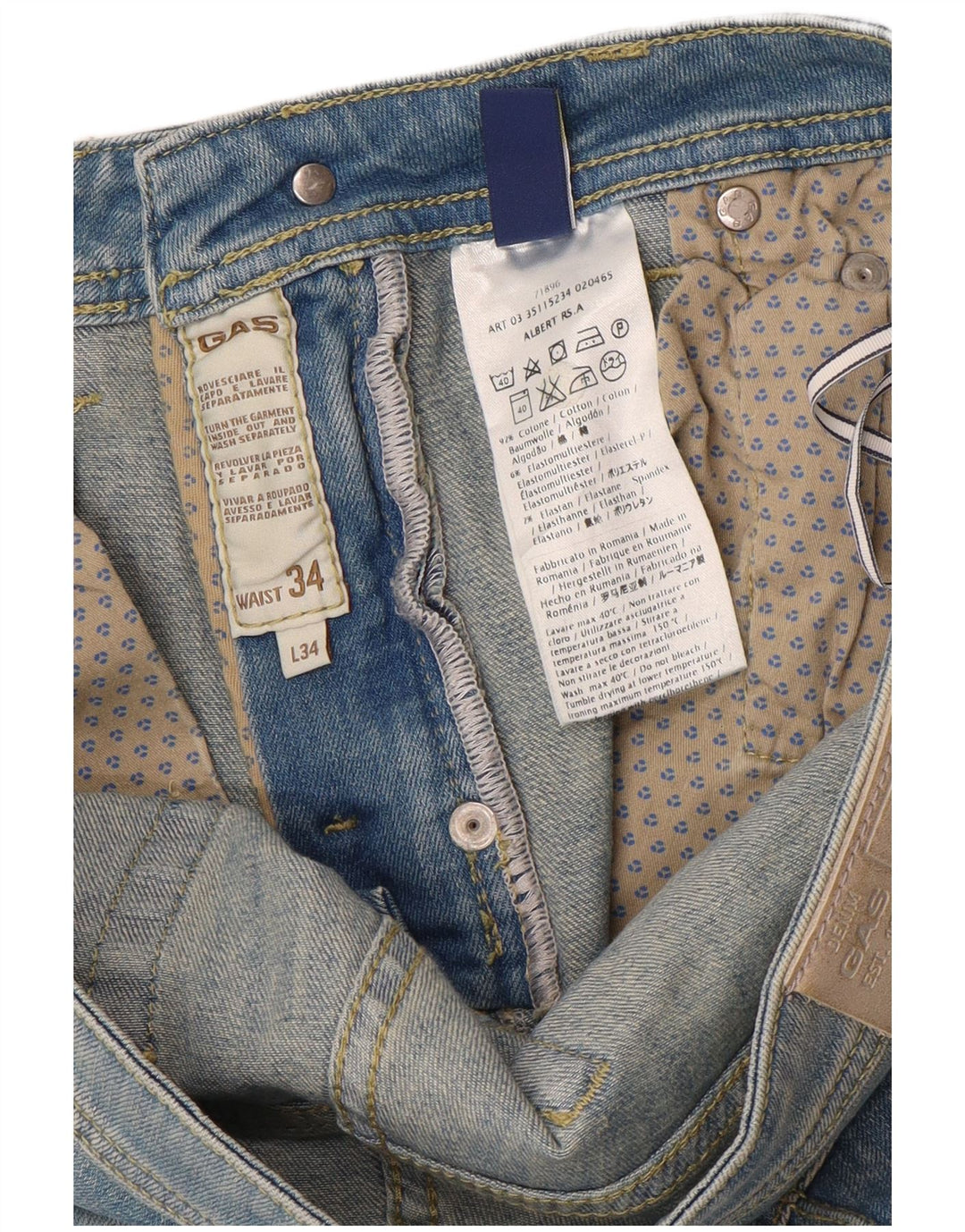 Gas Herren Slim Jeans W34 L34 Blaue Baumwolle