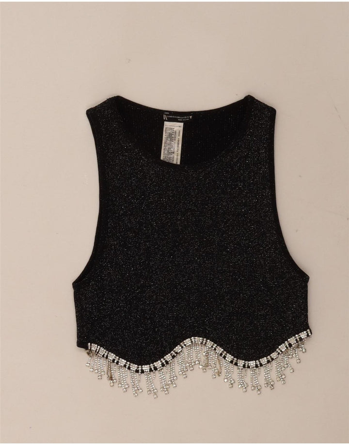 Zara Damen Ärmelloses Crop Top UK 4 XS Schwarz meliertes Polyester