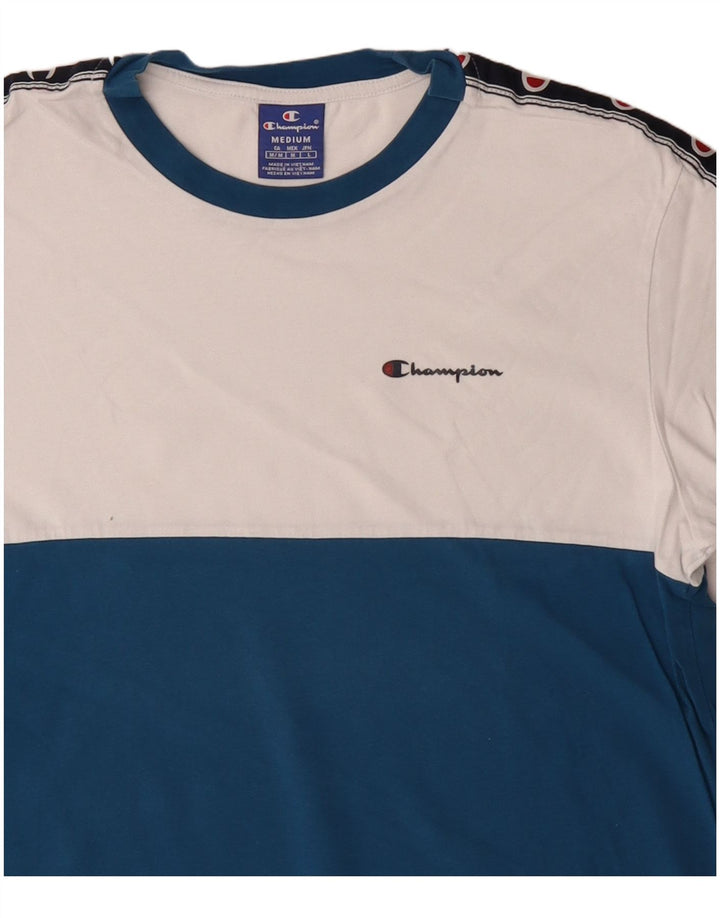 Champion Herren Grafik-T-Shirt-Oberteil aus mittelblauer Colourblock-Baumwolle