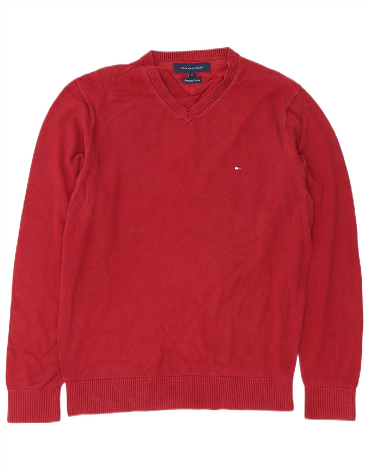 TOMMY HILFIGER Herren-Pullover mit V-Ausschnitt aus mittelroter Baumwolle