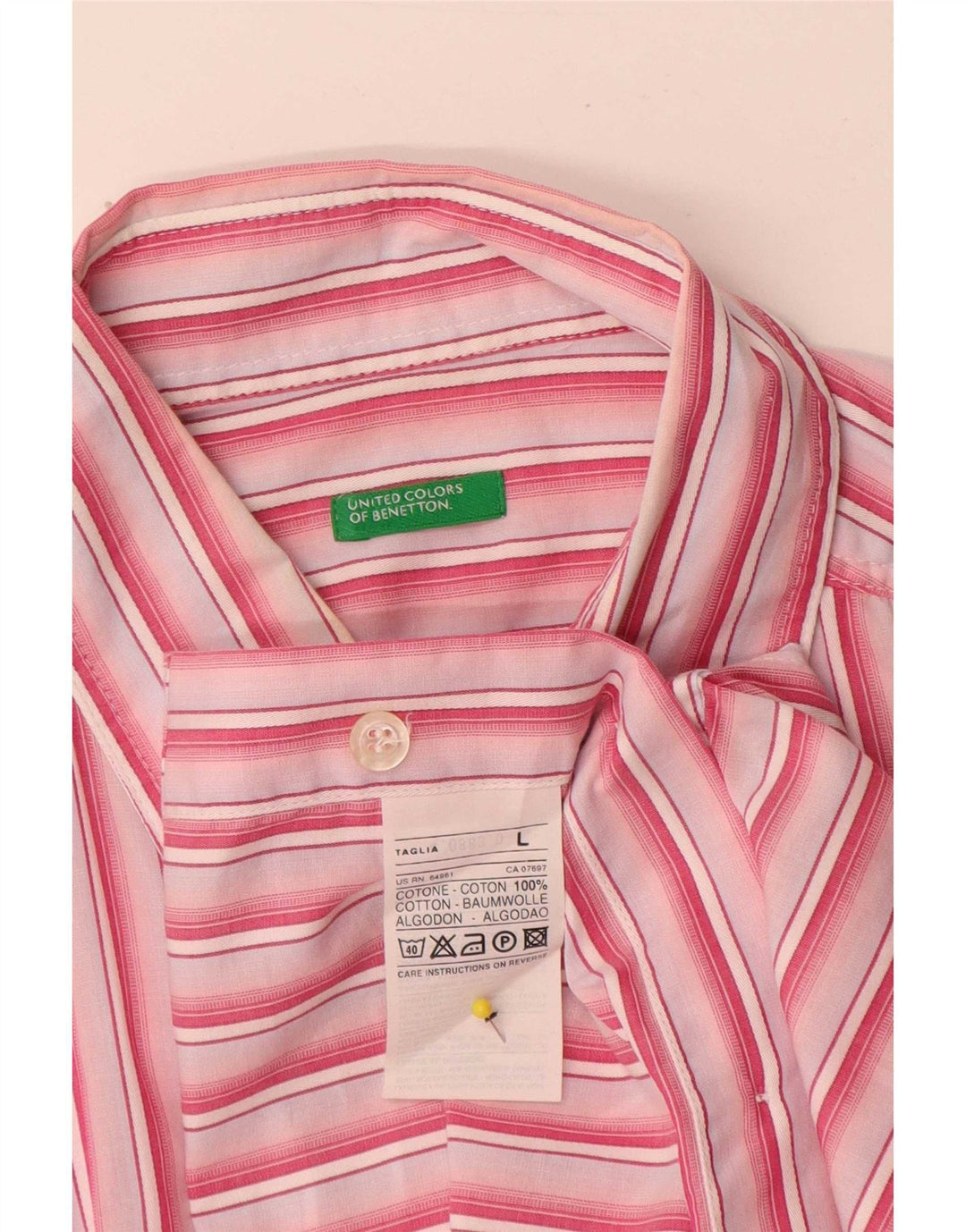 Benetton Herren-Kurzarmhemd, groß, rosa gestreift, Baumwolle
