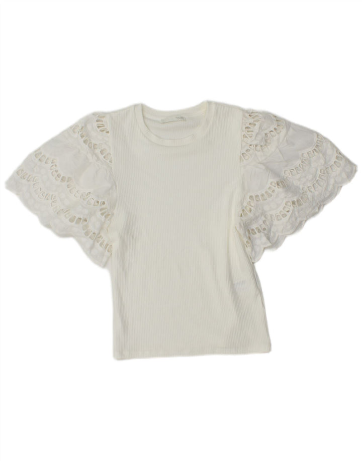 Zara Damen Crop Batwing Bluse Top UK 8 Small Weiße Viskose