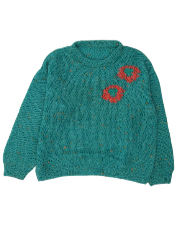Vintage Damen Pullover mit Rundhalsausschnitt, Gr. 16, groß, blau gefleckt