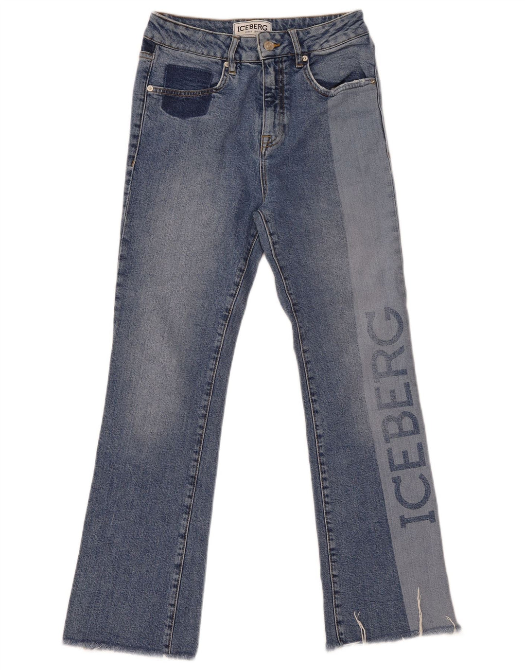 Iceberg Damen Graphic Bootcut Jeans W27 L28 Blaue Colourblock-Baumwolle